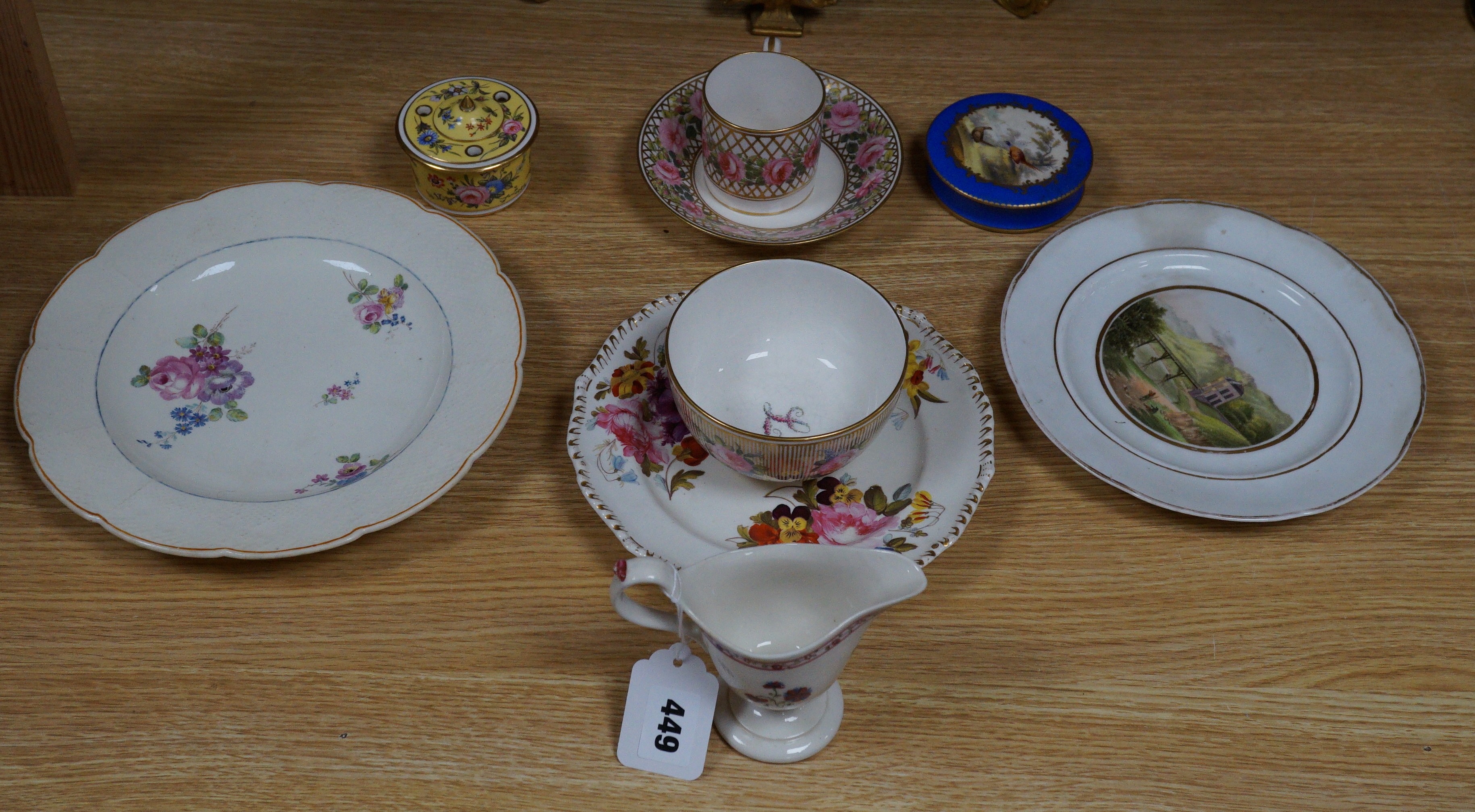 A Sampson Hancock Derby inkwell and cover, a similar coffee can, saucer and slop bowl, chantilly plate with basket-work border and four other items